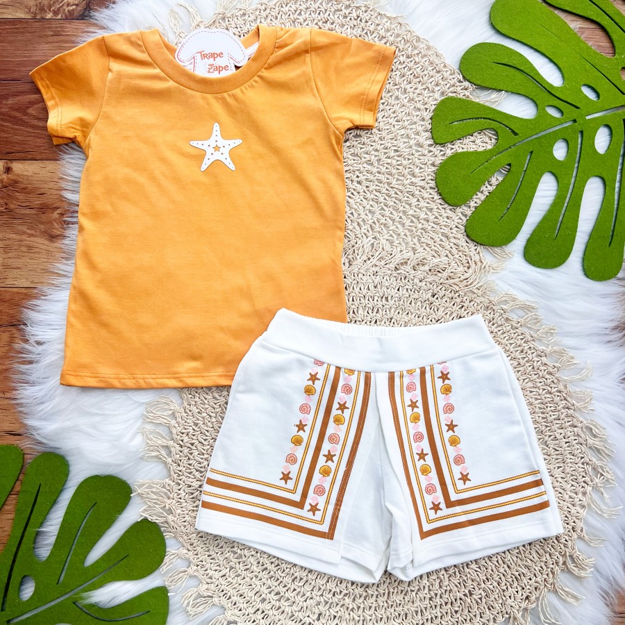 Conj. Blusa Estrela do Mar e Short Conchinhas - Laranja e Off White 